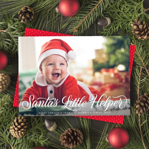 Santas Little Helper Script Baby Christmas Photo Holiday Card