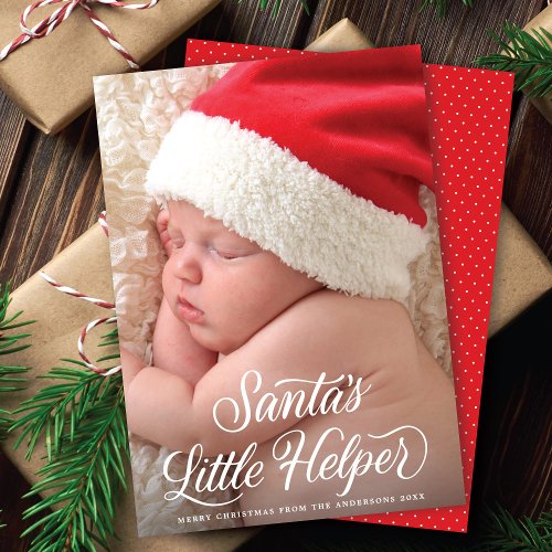 Santas Little Helper Script Baby Christmas Photo  Holiday Card