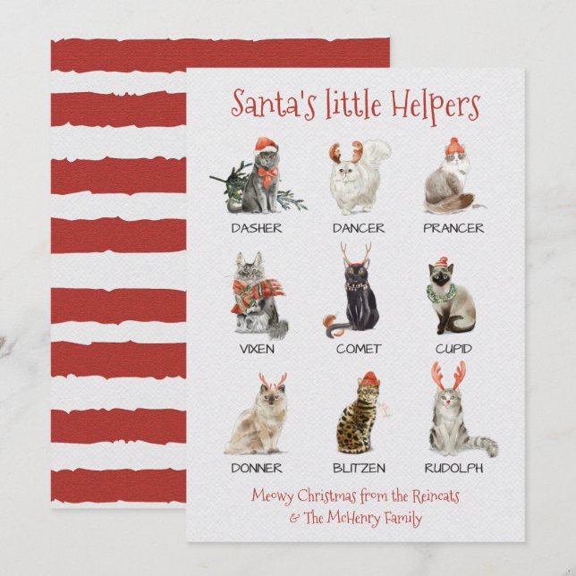 Santa's little helpers Cat Reindeer names Holiday Card (Front/Back)