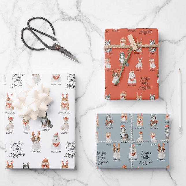 Santa's Little Helpers Dog Reindeer Pattern Wrapping Paper Sheets (Front)