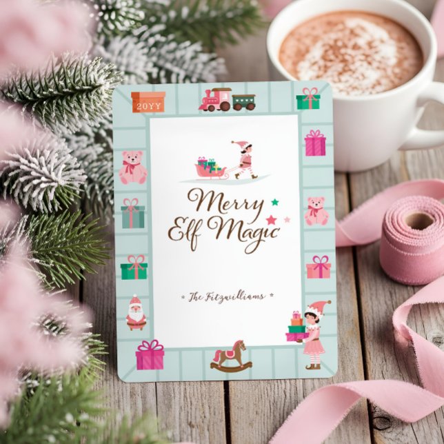 Santa's Magical Pink Elf Toy Workshop Factory Holiday Card (Santa's Magical Pink Elf Toy Workshop Factory Holiday Card)