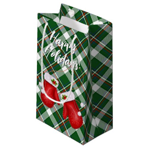 Santas Mittens On Red Green Plaid Pattern  Small Gift Bag