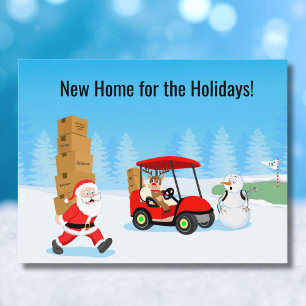Santa's Moving Boxes with Reindeer on Golf Course Announcement Postcard