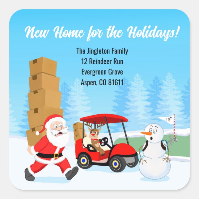 Santa's Moving Boxes with Reindeer on Golf Course Square Sticker (Front)