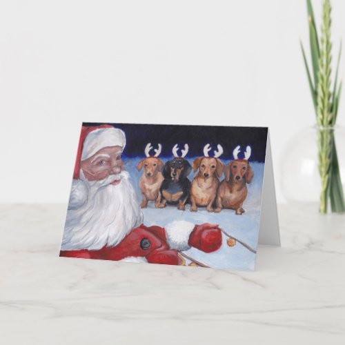 Santas New Team Dachshund Dog Art Christmas Card