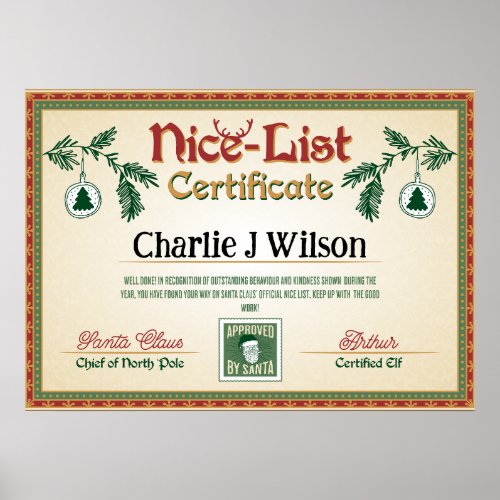 Santas Nice List Certificate Editable name Poster