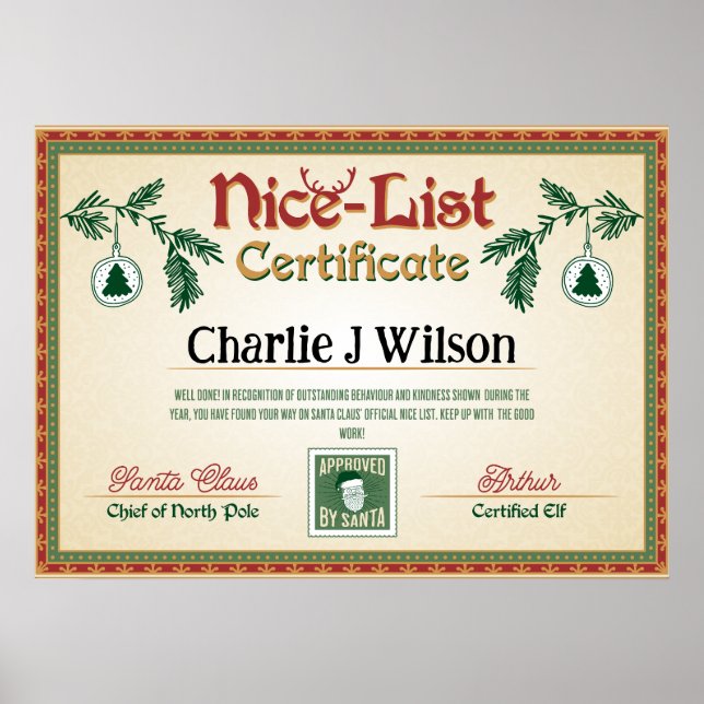 Santa's Nice List Certificate. Editable name. Poster (Front)