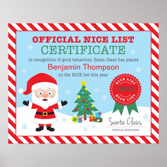 Santa's Nice List Certificate Personalized Poster (Front)