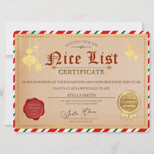 Santas Nice List Christmas Certificate Invitation
