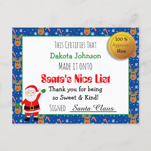 Santas Nice List Christmas Certificate     Postcard