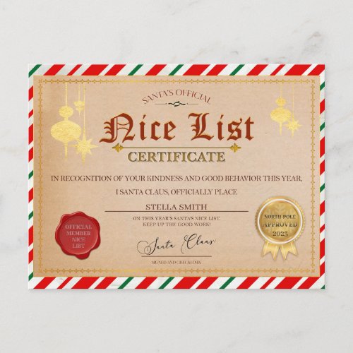 Santas Nice List Christmas Certificate Postcard