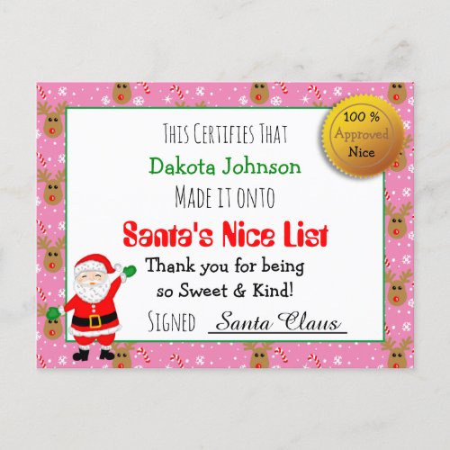 Santas Nice List Christmas Certificate  Postcard