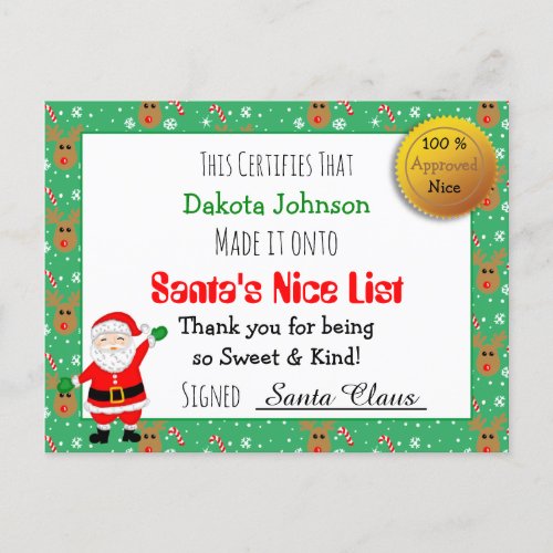 Santas Nice List Christmas Certificate   Postcard