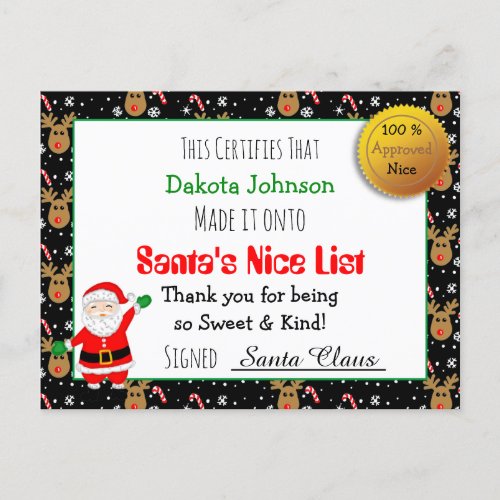 Santas Nice List Christmas Certificate   Postcard