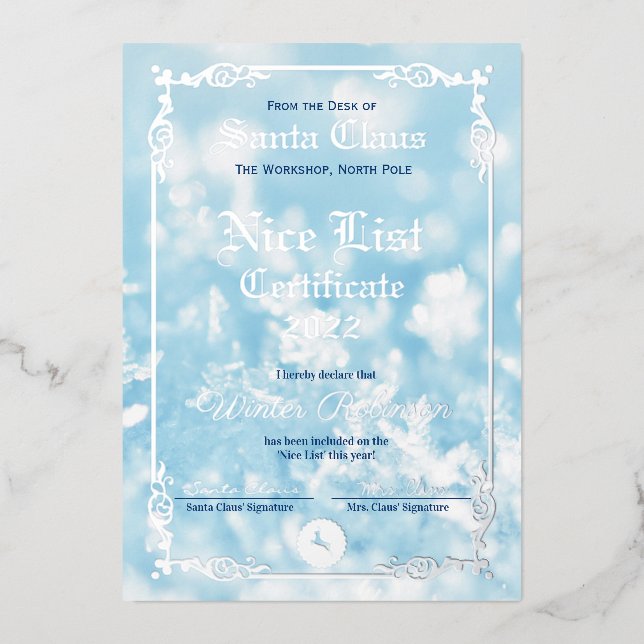 Santa's Nice List Foil Certificate  Foil Invitatio Invitation (Front)