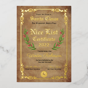 Santa's Nice List Foil Certificate  Foil Invitation