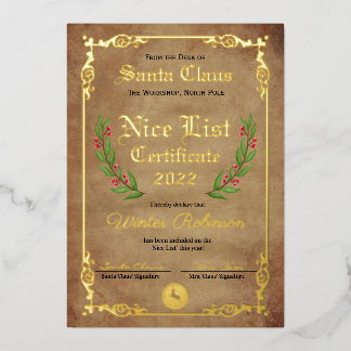 Santa's Nice List Foil Certificate  Foil Invitation