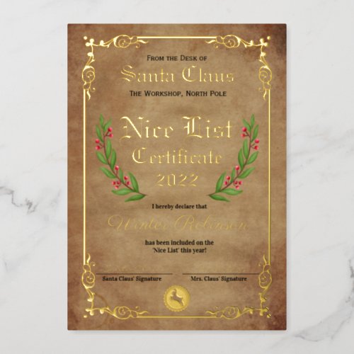 Santas Nice List Foil Certificate  Foil Invitation