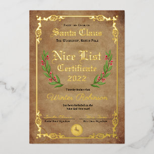 Santa's Nice List Foil Certificate Invitation