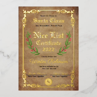 Santa's Nice List Foil Certificate  Invitation