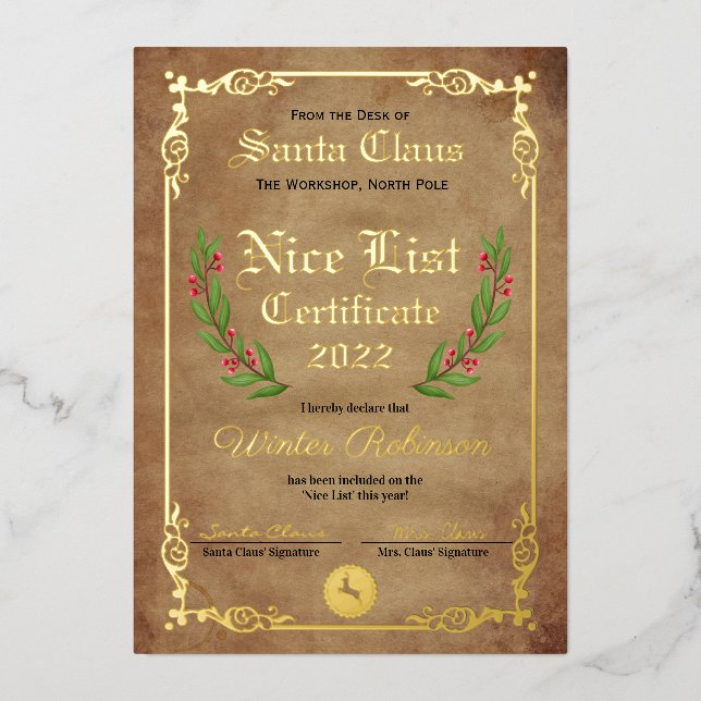Santa's Nice List Foil Certificate  Invitation (Front)
