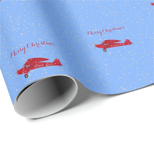 Santa's North Pole Red Airplane Snowing Christmas  Wrapping Paper (Roll Corner)