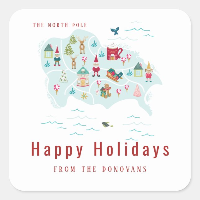 Santa's North Pole Village Map Christmas Square Sticker (Front)