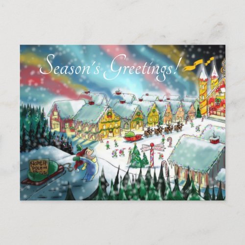 Santas north pole workshop holiday postcard