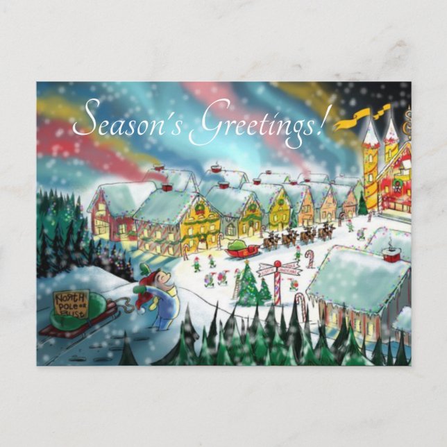 Santa's north pole workshop holiday postcard (Front)