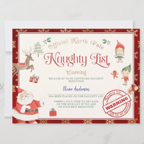 Santas official Naughty List Certificate Invitation