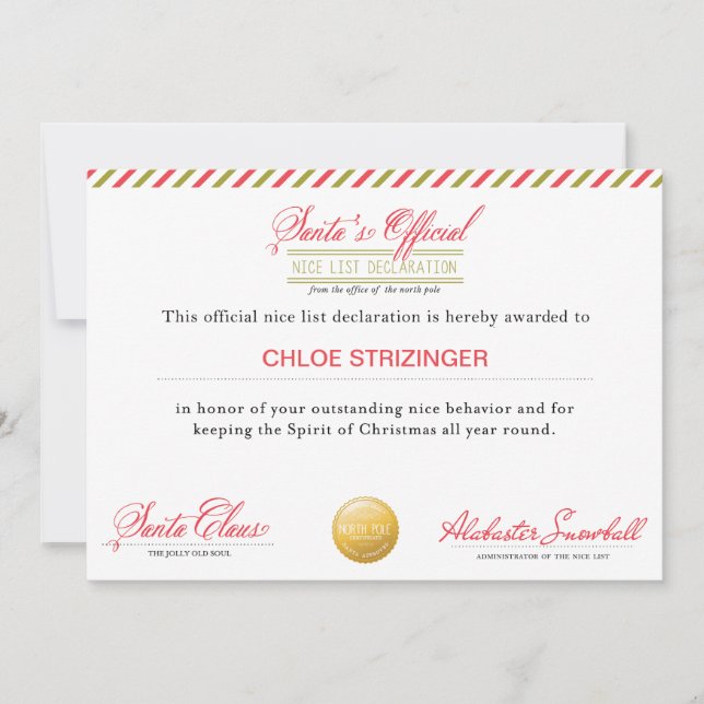 Santa's Official Nice List Declaration Holiday Card (Front)