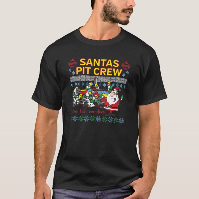 Santa's Pit Crew Race Car Ugly Christmas T-Shirt (Front)