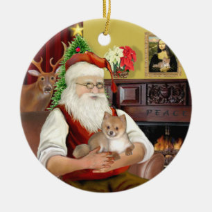 Santa's Pomeranian (R) Ceramic Ornament
