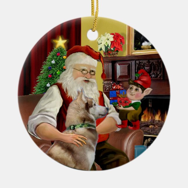 Santa's Red Siberian Husky Ceramic Ornament (Front)