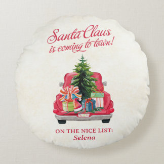 Santa's Red Truck Nice List Round Pillow