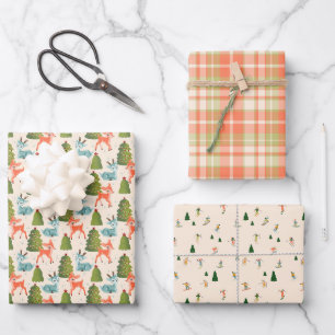 Santa's Reindeer, Alpine Skiers on Holiday, Plaid Wrapping Paper Sheets