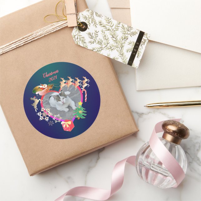 Santa's Reindeer Photo Heart Frame   Classic Round Sticker (Gifting)