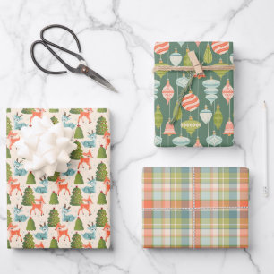 Santa's Reindeer, Retro Christmas Baubles, Plaid Wrapping Paper Sheets