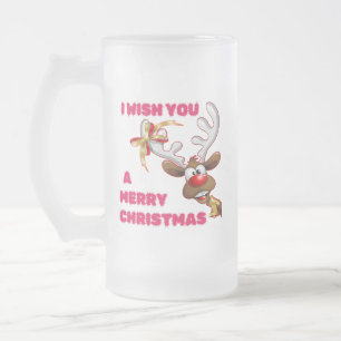 SANTA'S REINDEER WISHES YOU A MERRY CHRISTMAS FROSTED GLASS BEER MUG
