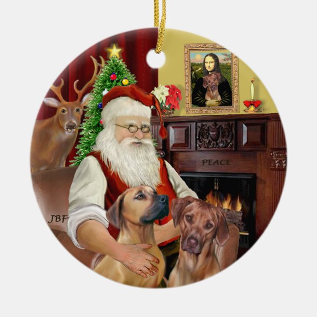 Santas Rhodesian Ridgebacks (TWO) Ceramic Ornament (Front)