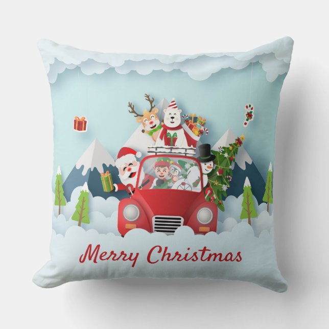 Santa's Road Trip Christmas Papercut Throw Pillow (Front)