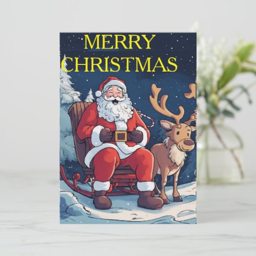 Santas Serenade with a Joyful Deer Christmas Card