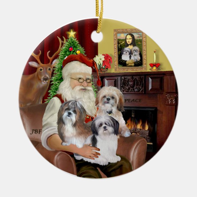 Santa's Shih Tzus (THREE) Ceramic Ornament (Front)