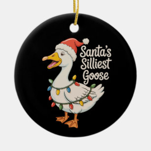 Santa's Silliest Goose Christmas Xmas Lights Ceramic Ornament