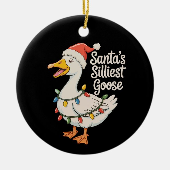 Santa's Silliest Goose Christmas Xmas Lights Ceramic Ornament (Front)