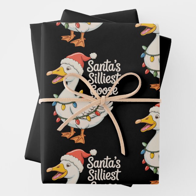 Santa's Silliest Goose Christmas Xmas Lights Wrapping Paper Sheets (In situ)