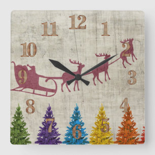 Santa's Sleigh and Colorful Trees Square Wall Clock