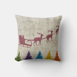 Santa's Sleigh and Colorful Trees Throw Pillow