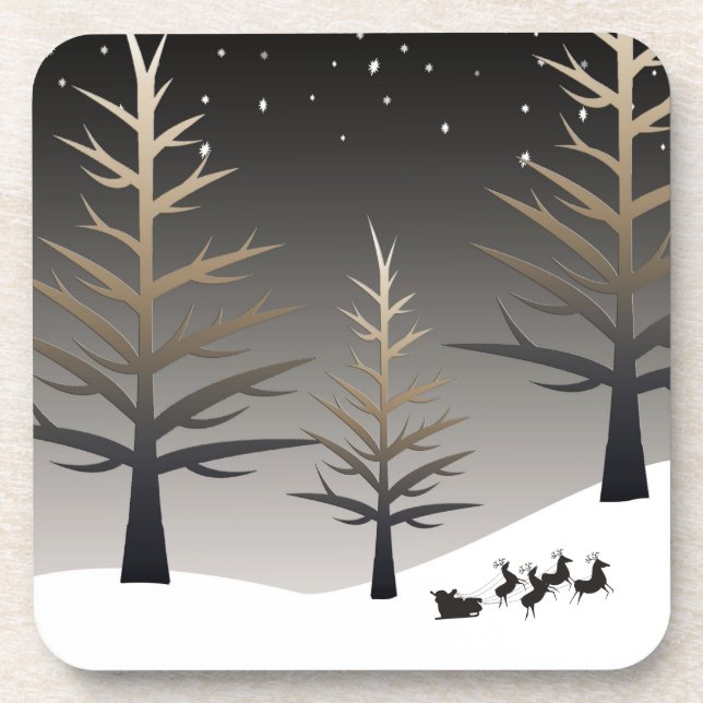 Santa's Sleigh and Tree Silhouette Elegant Beverage Coaster (Front)