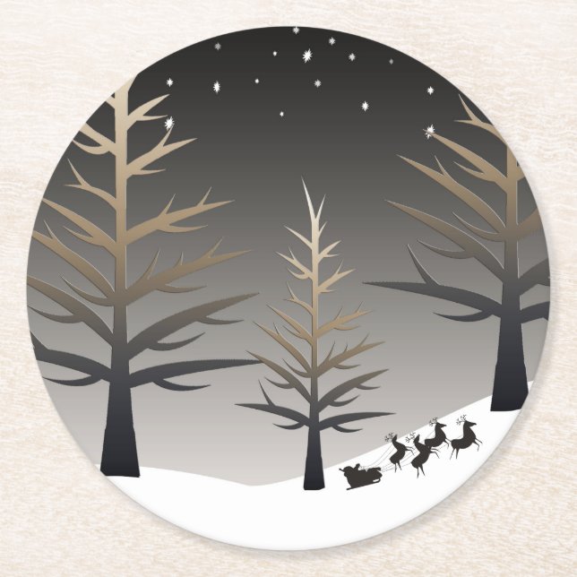 Santa's Sleigh and Tree Silhouette Round Paper Coaster (Front)